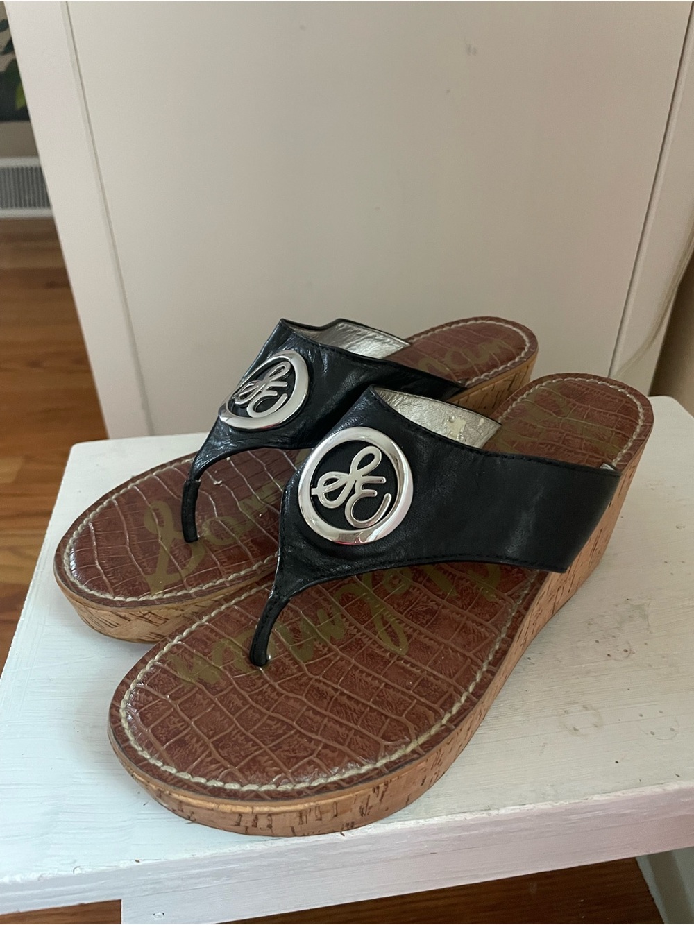 Sam Edelman Black Leather Wedge Thong Sandals with Cork Platform